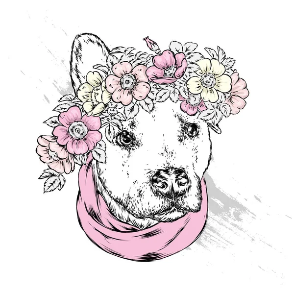 Yabani gül çelenk güzel bir köpek. Vektör çizim kartpostal veya poster, giysiler için yazdırma için. Bahar ve yaz, bir buket çiçek. Vintage ve retro. Hippi. Şirin köpek yavrusu.