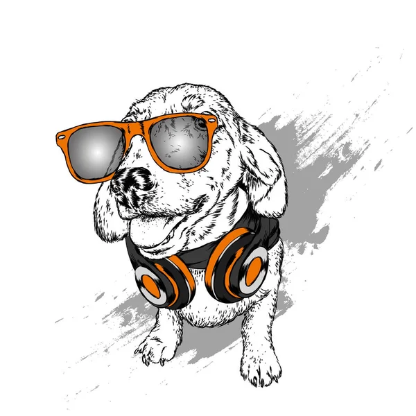 ヘッドフォンを持つ犬 面白い子犬 グリーティング カードやポスター プリント 服のベクトル図 — ストックベクタ