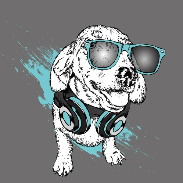 ヘッドフォンを持つ犬 面白い子犬 グリーティング カードやポスター プリント 服のベクトル図 — ストックベクタ