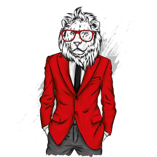 İnsan vücudunda bir ceket ile aslan. Vektör çizim. Hippi. Giysi ve aksesuarları. İş takım elbiseli bir adam.