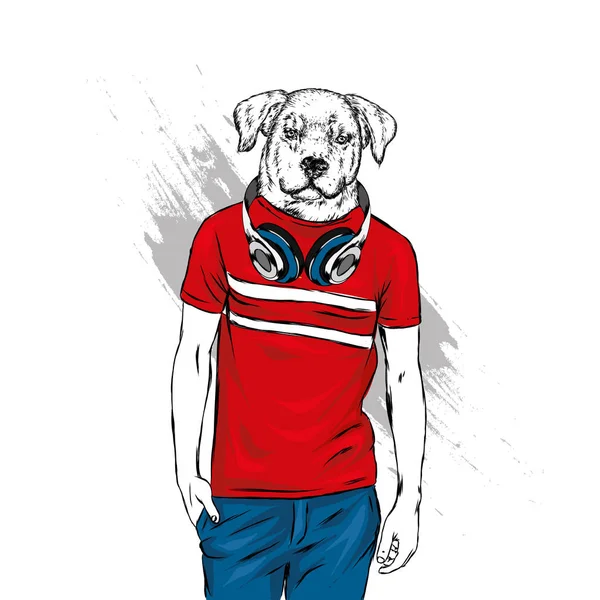 Tipo Con Cabeza Perro Hipster Animal Con Una Camiseta Auriculares — Archivo Imágenes Vectoriales