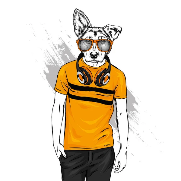 Facet Głową Psa Hipster Zwierzęta Shirt Słuchawki Ilustracja Wektorowa Życzeniami — Wektor stockowy