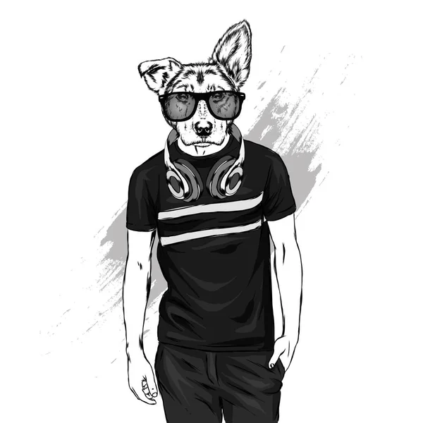 Tipo Con Cabeza Perro Hipster Animal Con Una Camiseta Auriculares — Vector de stock