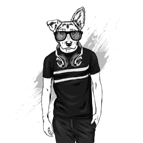 Type Avec Tête Chien Hipster Animal Shirt Casque Illustration Vectorielle — Image vectorielle