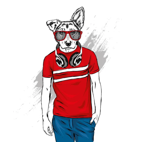 Tipo Con Cabeza Perro Hipster Animal Con Una Camiseta Auriculares — Vector de stock