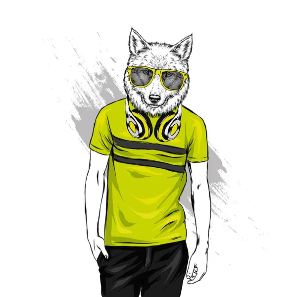 Type Avec Tête Chien Hipster Animal Shirt Casque Illustration Vectorielle — Image vectorielle