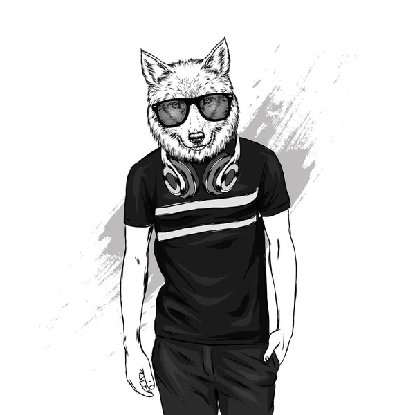 Tipo Con Cabeza Perro Hipster Animal Con Una Camiseta Auriculares — Vector de stock