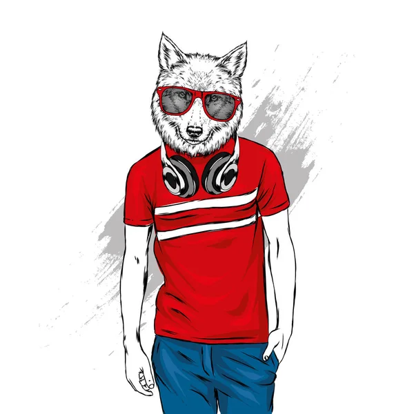 犬の頭を持つ男 シャツとヘッドフォン動物流行に敏感 グリーティング カードやポスター プリント 服のベクトル図です ファッション スタイル アクセサリー — ストックベクタ