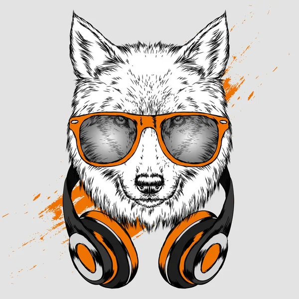 Loup Hipster Dans Casque Joli Chien Illustration Vectorielle Pour Carte — Image vectorielle