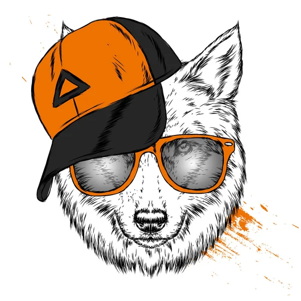 Lobo Hipster Con Gorra Gafas Bonito Perro Ilustración Vectorial Para — Vector de stock