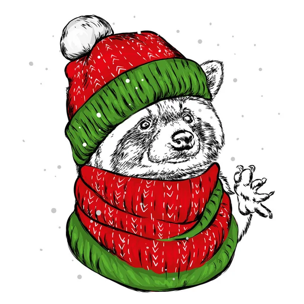 Das Weihnachtsplakat Mit Dem Bild Des Waschbärs Weihnachtsmannhut Vektor Illustration — Stockvektor