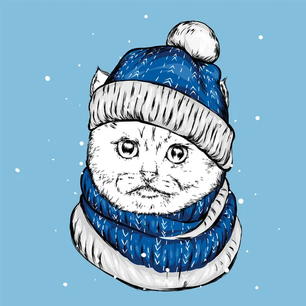 Komik kedi bir Noel şapka ve atkı. Vektör çizim kartı veya poster, elbiselere yazdırma için. Yeni yıl ve Noel. Çizilmiş.