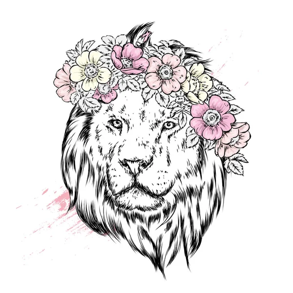 Een Prachtige Leeuw Een Krans Van Wilde Roos Vector Illustratie — Stockvector