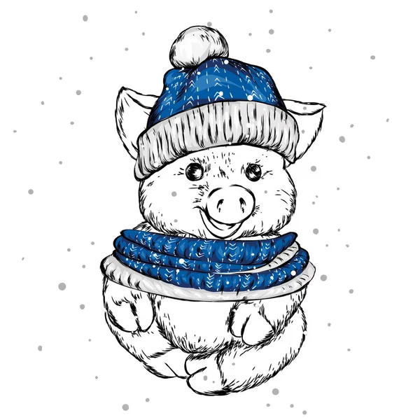 Lustiges Schwein Mit Weihnachtsmütze Und Haarschopf Niedliches Schwein Weihnachtsmann Neujahr — Stockvektor