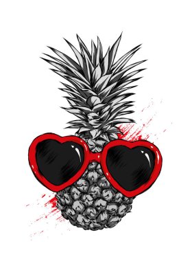Ananas Kalpler, sevgi ve Sevgililer günü şeklinde gözlüklü. Egzotik meyve. Vektör çizim kartpostal veya poster, giysiler için yazdırma için.