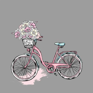 Gül, çiçekli sepet ile Vintage Bisiklet yabani gül ve peonies. Vektör çizim tebrik kartı veya poster için. Vintage ve retro, el çizimi yazdırmak.