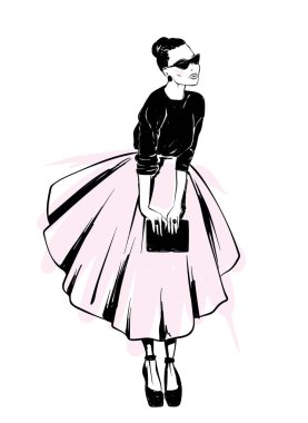 Şık görünüm. Giysi ve aksesuarları. Vektör çizim için bir kartpostal veya bir poster. Moda ve stil, vintage ve retro.