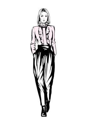 Güzel kız pantolon ve bluz. Vektör çizim bir kartpostal veya poster, giysiler için yazdırma için. Moda ve stil. Erkek.