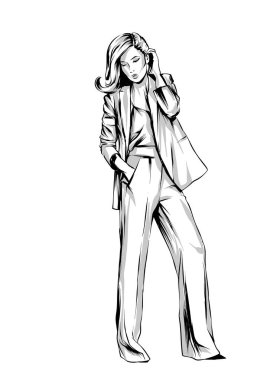 Güzel kız pantolon ve bluz. Vektör çizim bir kartpostal veya poster, giysiler için yazdırma için. Moda ve stil. Erkek.