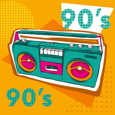 Parlak renkli poster Zine kültür tarzı. Vintage kayıt cihazları, seren. T-shirt kompozisyon, elle çizilmiş tarzı yazdırma. Radyo. Vektör çizim.