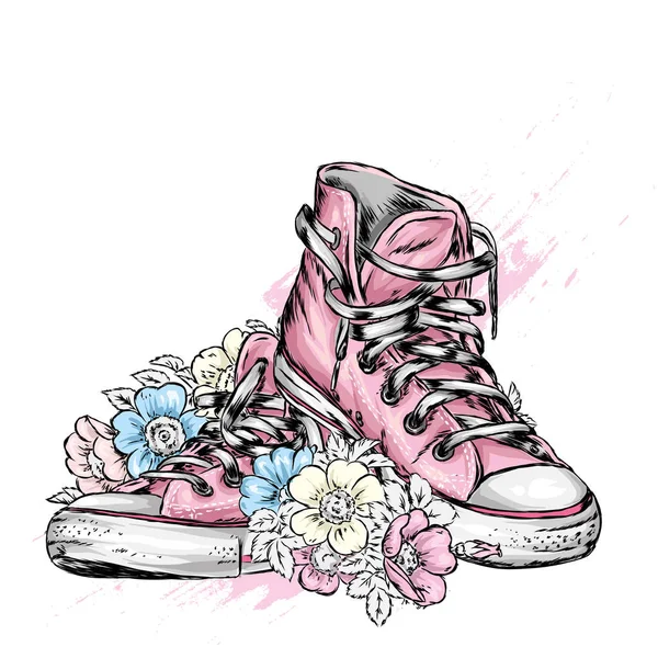 Beautiful Hand Drawn Sneakers Roses Vector Illustration Card Poster Print — Stock Vector