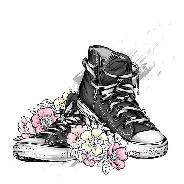 Beautiful Hand Drawn Sneakers Roses Vector Illustration Card Poster Print — Stock Vector