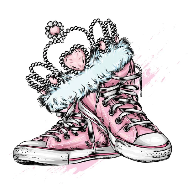 Crown Tiara Sneakers Vector Illustration Postcard Poster Print Clothes Princess — Stock Vector