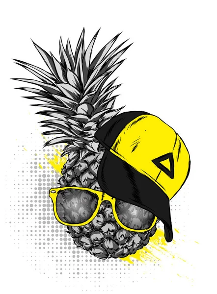 Ananas Med Glasögon Och Mössa Exotisk Frukt Vektorillustration För Vykort — Stock vektor