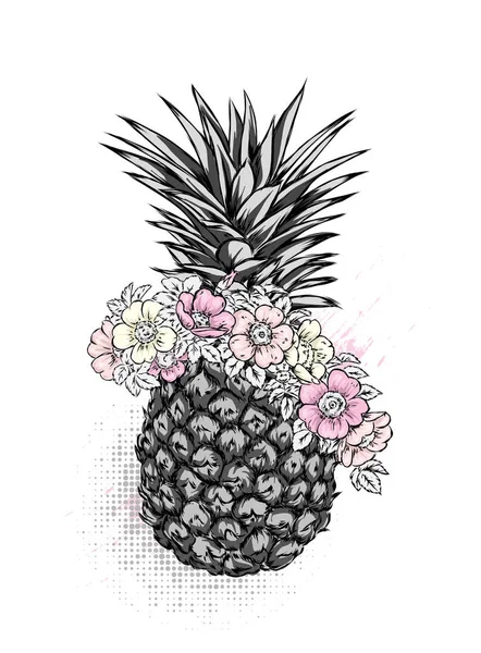 花花环里的菠萝 玫瑰和牡丹 明信片或海报的矢量插图 衣服打印 异国情调的水果 — 图库矢量图片