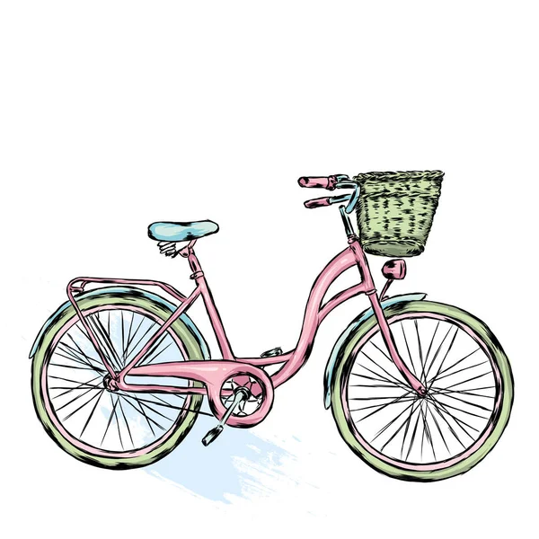 Oldtimer Fahrrad Mit Korb Mit Rosenblüten Wildrosen Und Pfingstrosen Vektor — Stockvektor