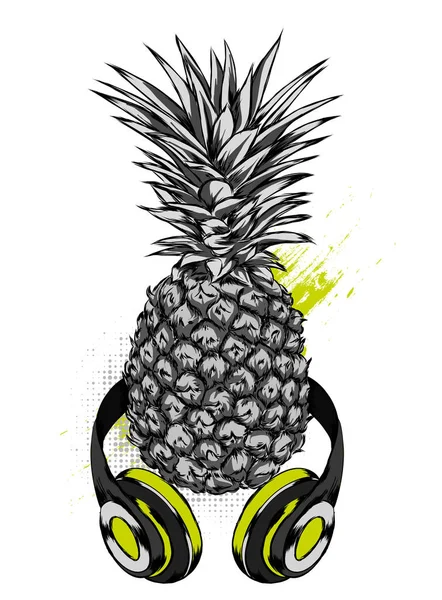 Ananas Hörlurar Vektorillustration För Vykort Eller Affisch Skriv Kläder Exotisk — Stock vektor