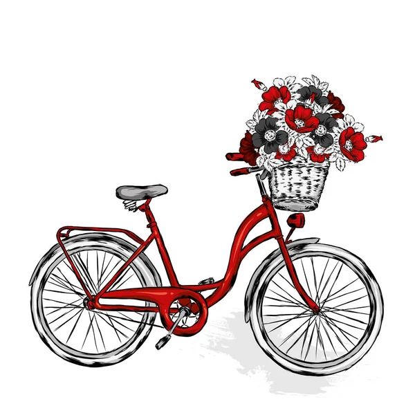Vintage bicycle with basket with flowers of rose, wild rose and peonies. Vector illustration for greeting card or poster. Print Vintage and retro, hand drawing.