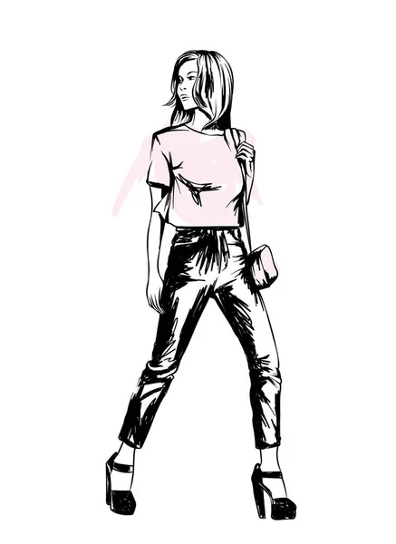 パンツやブラウスで美しい少女 ベクトル イラストはがきやポスター 服のプリント ファッション スタイル — ストックベクタ