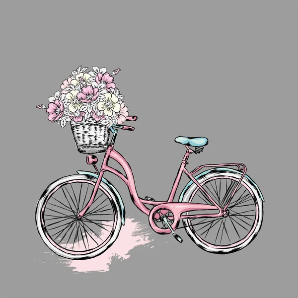 Vintage Cykel Med Korg Med Blommor Ros Vildros Och Pioner — Stock vektor