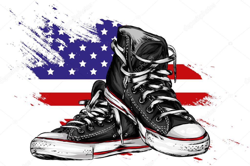 Beautiful hand-drawn sneakers on the background of the flag of USA. Vector illustration for a card or poster, print on clothes. Hand-drawn. America, England.