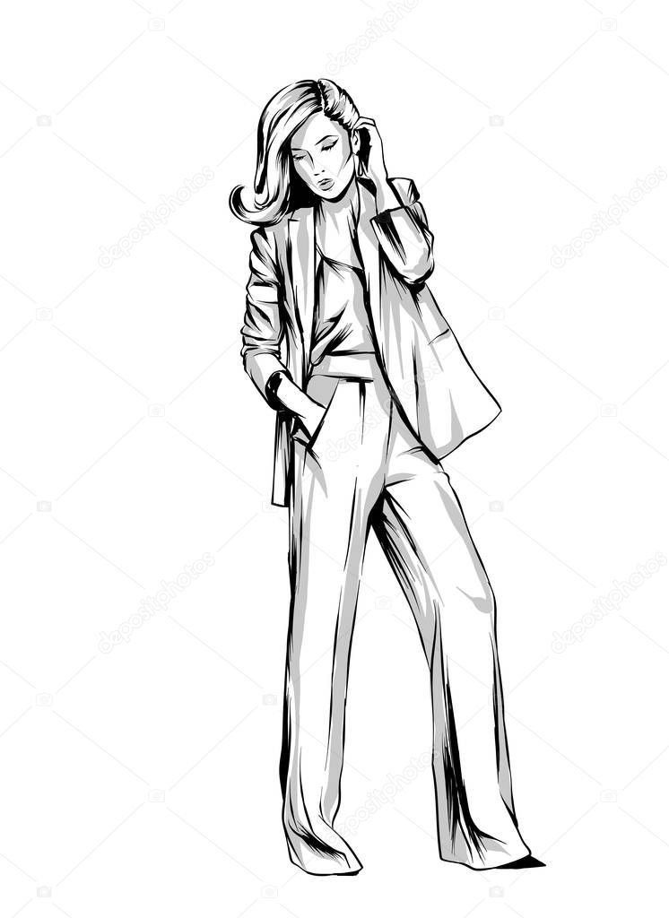 Beautiful girl in pants and blouse. Vector illustration for a postcard or a poster, print for clothes. Fashion & Style. Female.