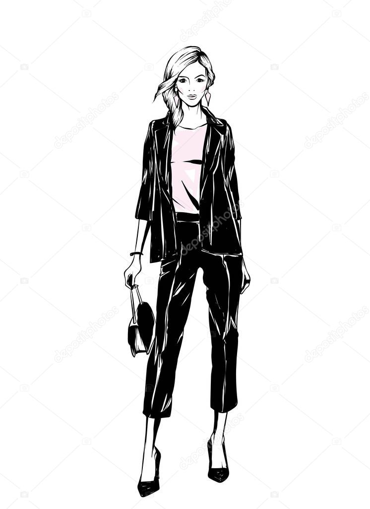 Beautiful girl in pants and blouse. Vector illustration for a postcard or a poster, print for clothes. Fashion & Style. Female.