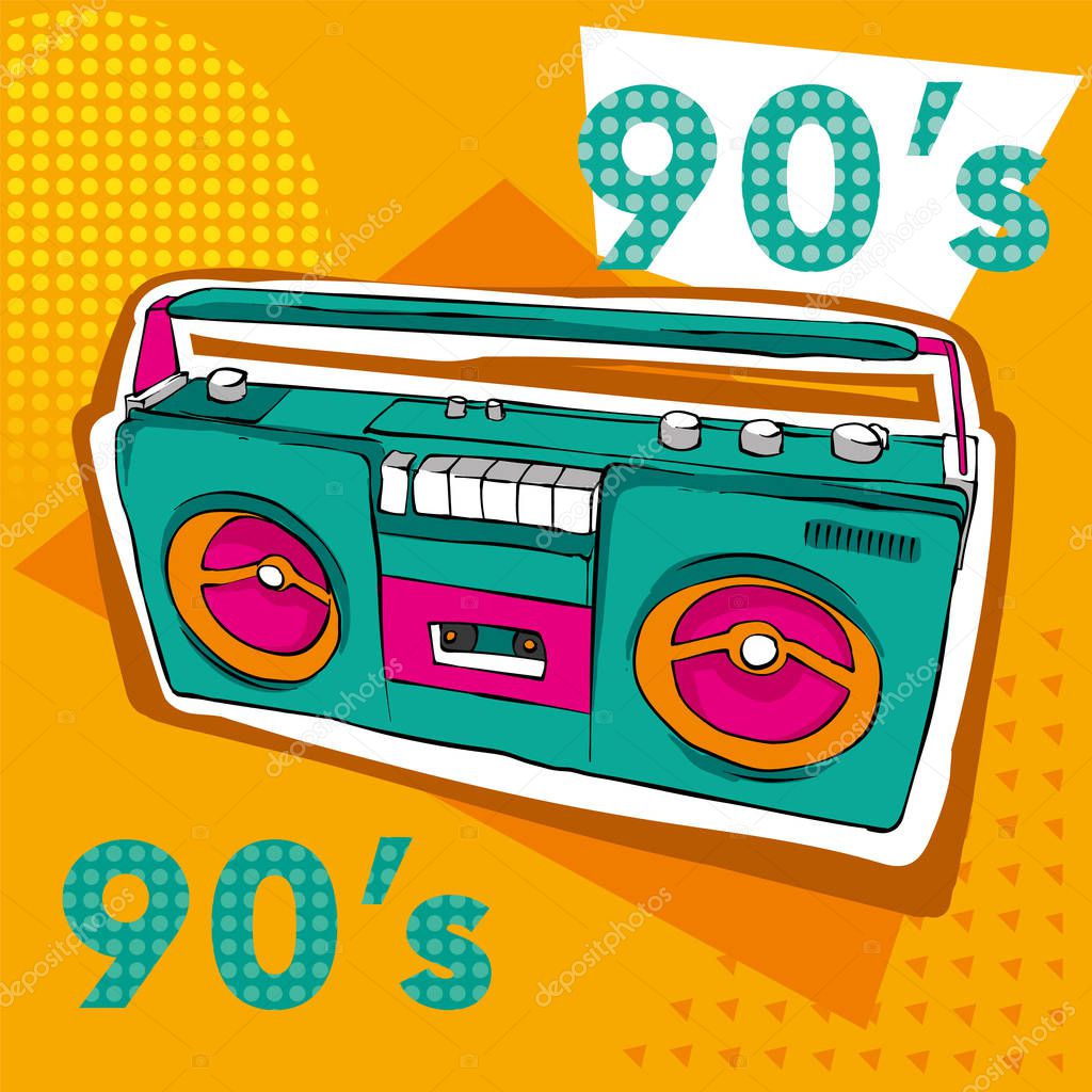 Bright colored poster in a Zine Culture style. Vintage Recording equipment, boombox. T-shirt composition, hand drawn style print. Radio. Vector illustration.