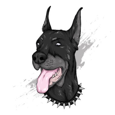 Siyah köpek. Komik köpek yavrusu. Vektör çizim tebrik kartı veya poster, elbiselere yazdırma için. Doberman.