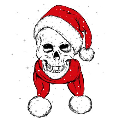 Kafatasında bir şapka ve atkı. Vektör çizim tebrik kartı veya poster, elbiselere yazdırma için. Yeni yıl ve Noel.