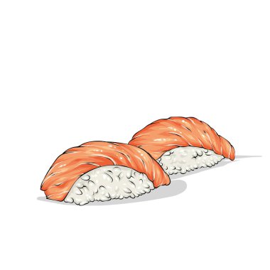 Güzel suşi ile kırmızı balık. Somon balığı ya da somon. Vektör çizim. Yemek, Restoran, öğle ve akşam yemeği. Japon yemekleri.