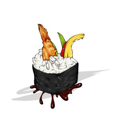 Güzel suşi ile kırmızı balık. Somon balığı ya da somon. Vektör çizim. Yemek, Restoran, öğle ve akşam yemeği. Japon yemekleri.