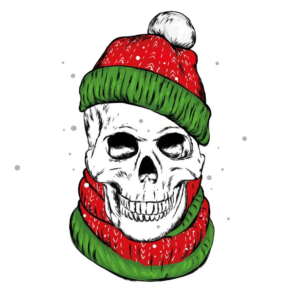 Kafatasında bir şapka ve atkı. Vektör çizim tebrik kartı veya poster, elbiselere yazdırma için. Yeni yıl ve Noel.
