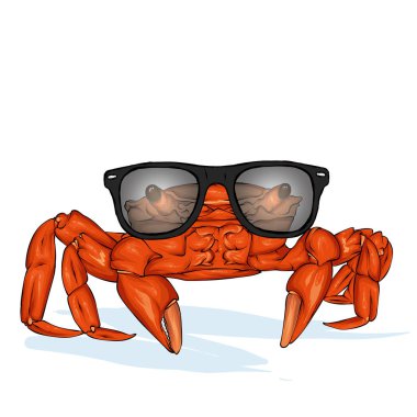 Güneş gözlüğü vektörü ile Sketch yengeç. El çizilmiş deniz ürünleri illüstrasyon. Menü, poster veya etiket için harika.