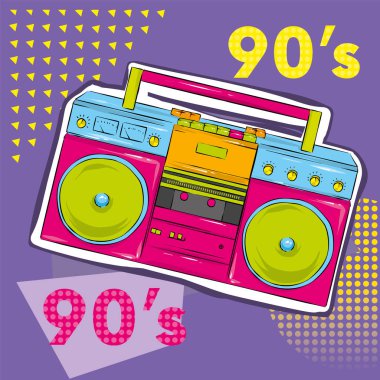 Bright colored poster in a Zine Culture style. Vintage Recording equipment, boombox. T-shirt composition, hand drawn style print. Radio. Vector illustration. clipart