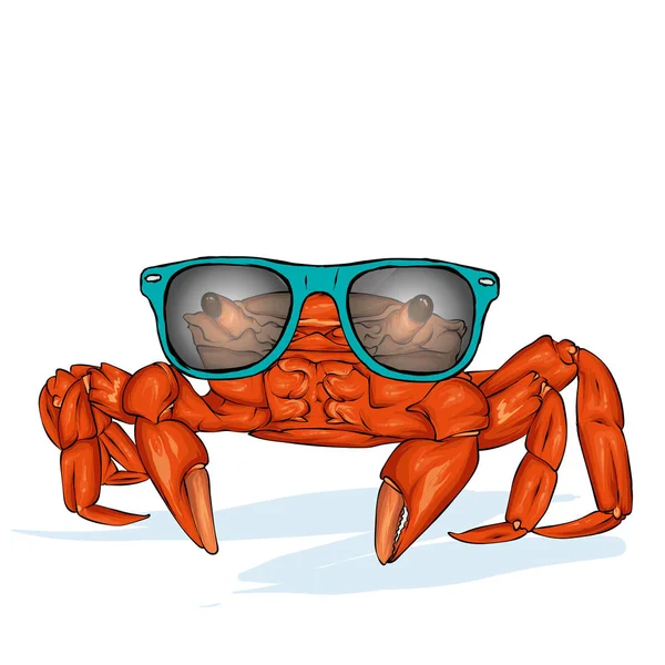 Skiss Krabba Med Solglasögon Vector Handritade Skaldjur Illustration Perfekt För — Stock vektor