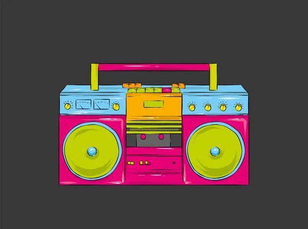 明るい色のミニコミ文化スタイルのポスター ビンテージ録音機器 ラジカセ シャツ組成 手描きスタイルの印刷 ラジオ ベクトル図 — ストックベクタ