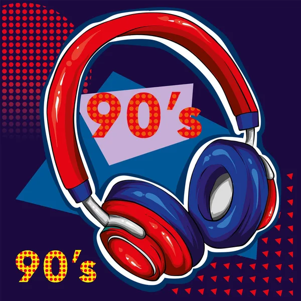 明るい 多色のヘッドフォン ポップアートのポスター 90年代 80年代 グリーティングカードやポスター用のベクトルイラスト 服にプリント ファッションとスタイル アクセサリー — ストックベクタ