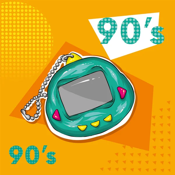 复古电子玩具 贺卡或海报的矢量插图 印在衣服上 90年代 80年代 塔马戈奇 — 图库矢量图片