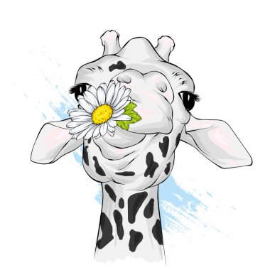 Komik zürafa. Tebrik kartı veya poster için vektör çizimi. Çiçek. Giysi veya baskılı malzemelerin üzerine baskı. Vahşi hayvan.